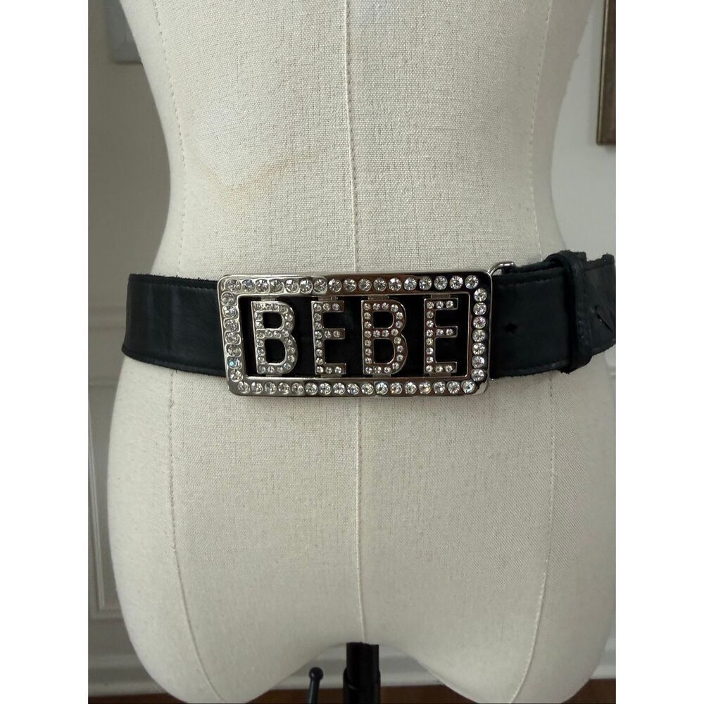 Vintage Y2K Bebe Black Leather Rhinestone Bling Silver Logo Low Rise Belt S M